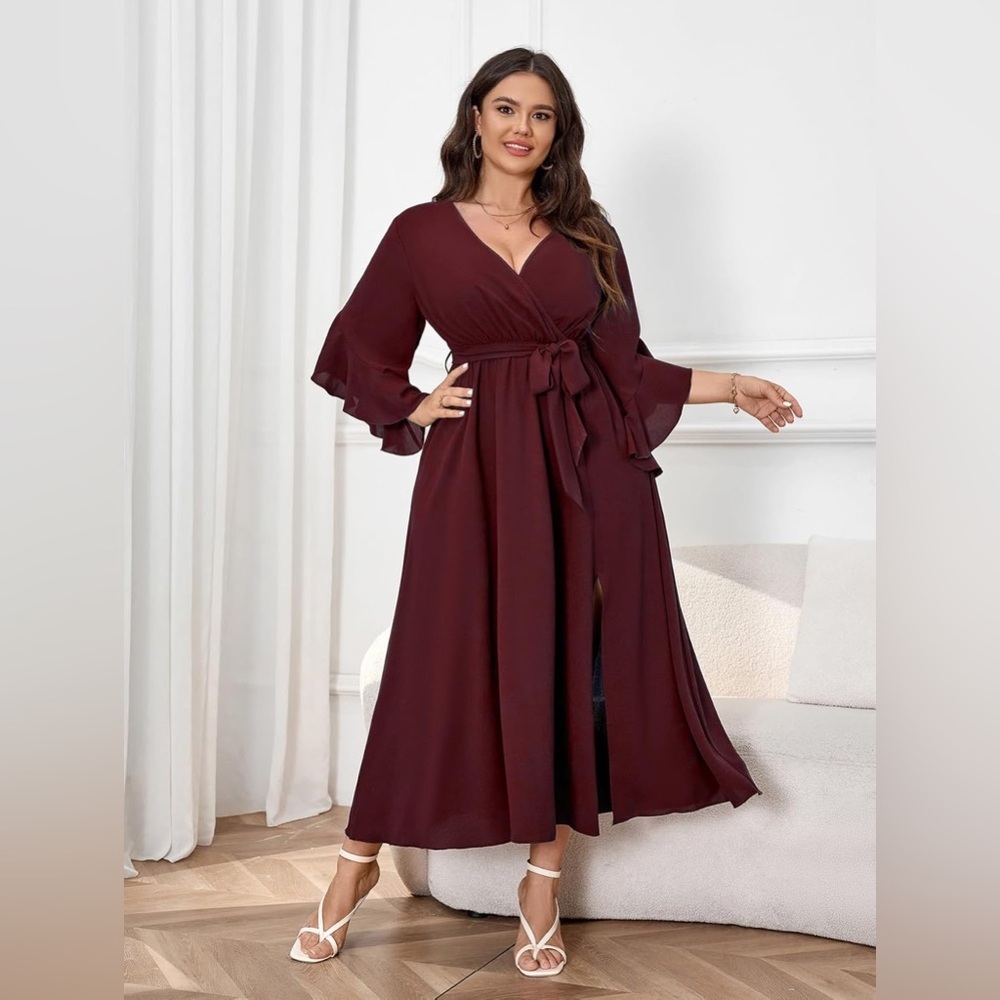 Plus Size Burgundy Red Wrap Maxi Dress Ruffle Sleeve Slit Belted‎ 2XL New